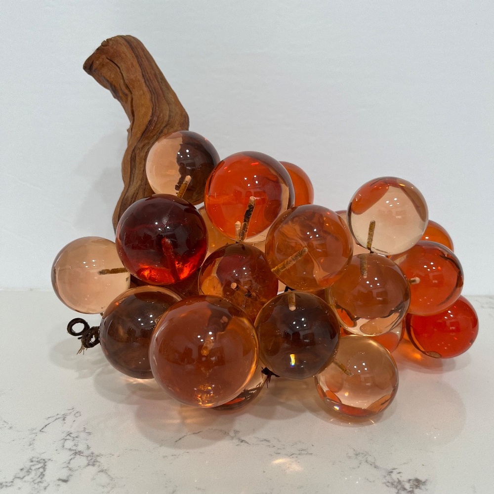 Vintage 1960 Orange Amber Lucite Acrylic Grape Cluster on Wood Stem